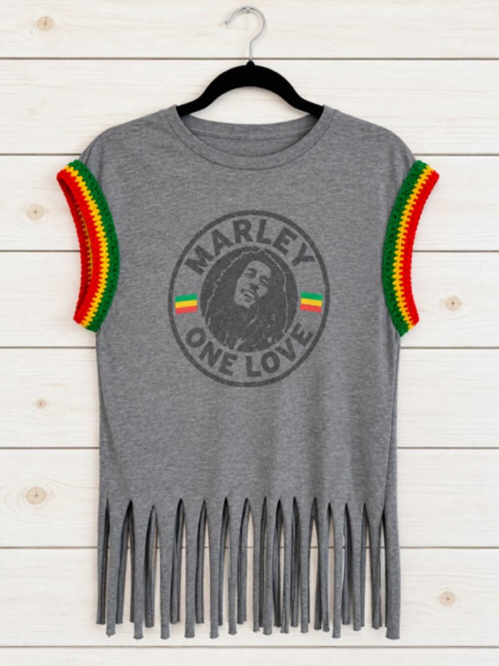Bob Marley One Love Custom Crochet Fringe Tee Zion Rootswear L